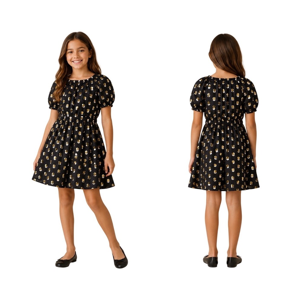 Crewcuts Girls Black Gold Sequin Polka Dot Bubble Dress Puff Sleeve Size 10
